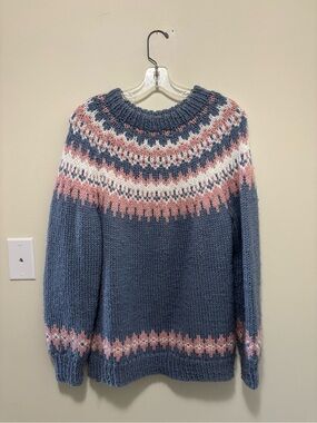 Blue Pink Fair Isle Nordic Chunky Knit Crewneck Sweater